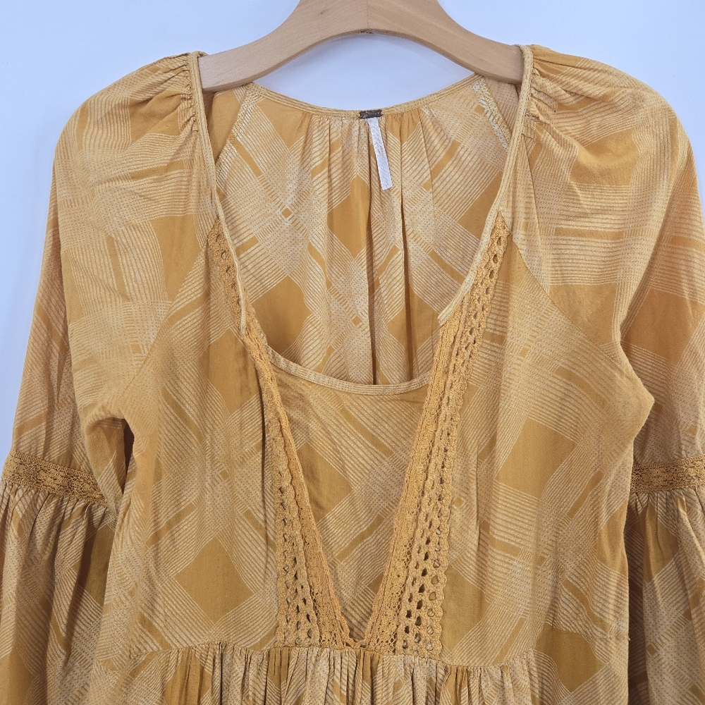 Free People Constantine Dress Gold Plaid Boho Long Sleeve‎ - Picture 6 of 14